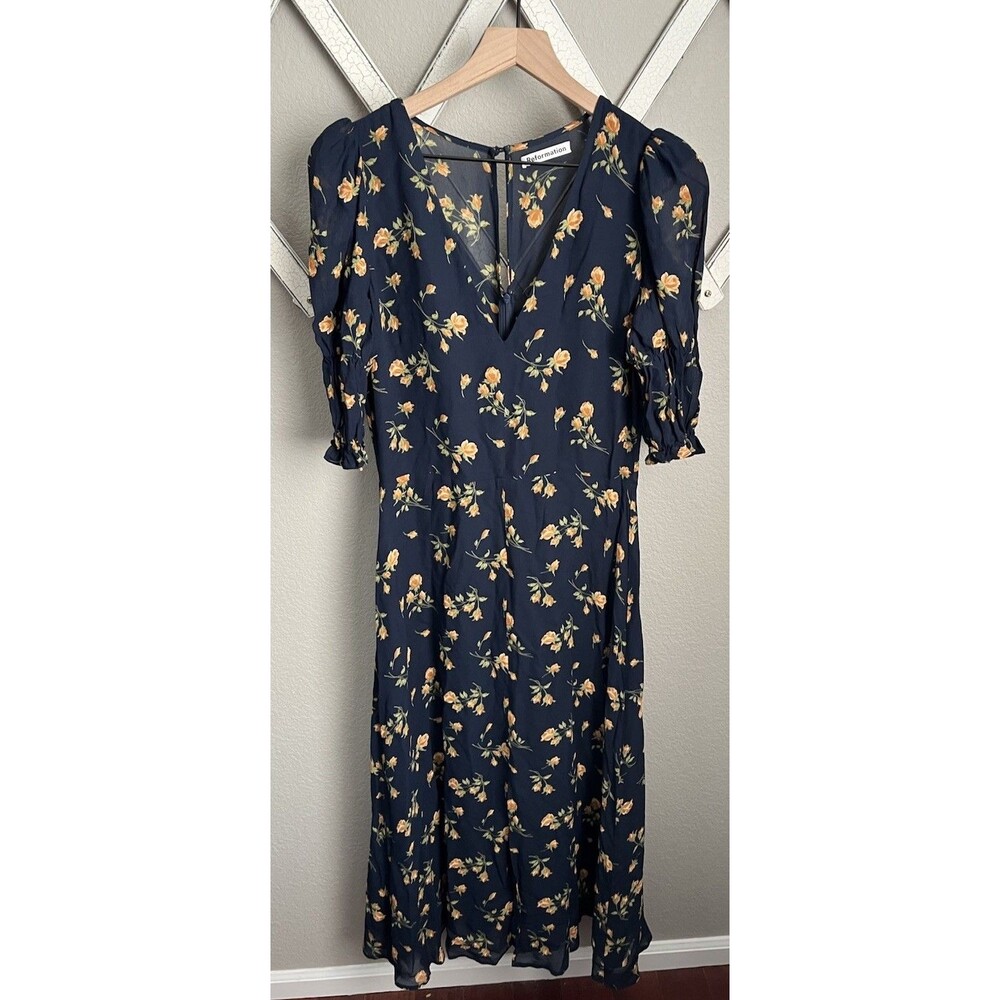 Reformation Women's 8 Floral Viscose Dress V-Neck Lined - Navy Blue